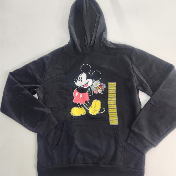 Disney Tops - Disney Hoodie Size M Mickey Mouse Women's Black Embroidered Flowers New 01